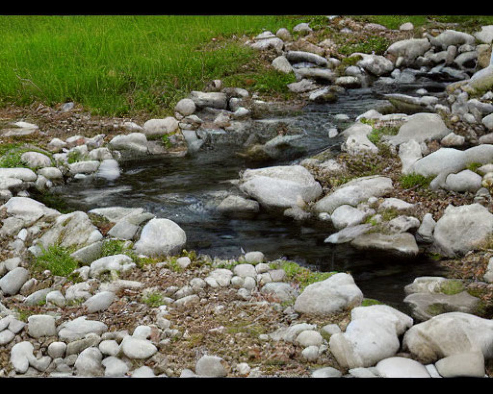 Tranquil stream in rocky bed with lush green grass