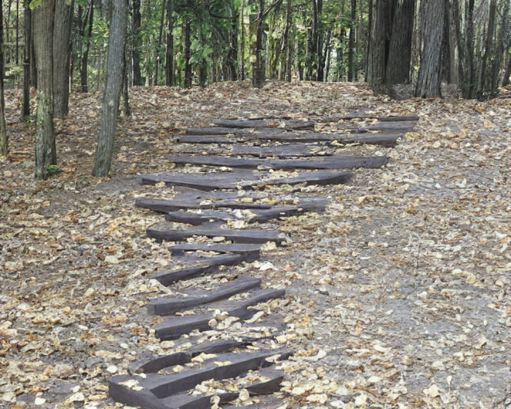 Tranquil forest pathway with wooden steps among fallen leaves