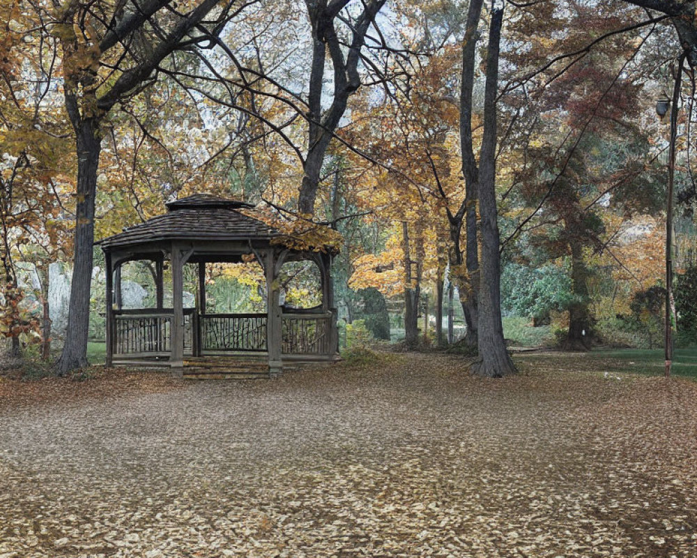 Wooden Gazebo Surrounded by Autumn Trees in Park