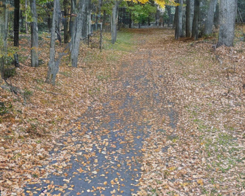 Tranquil forest scene with winding path and autumn trees