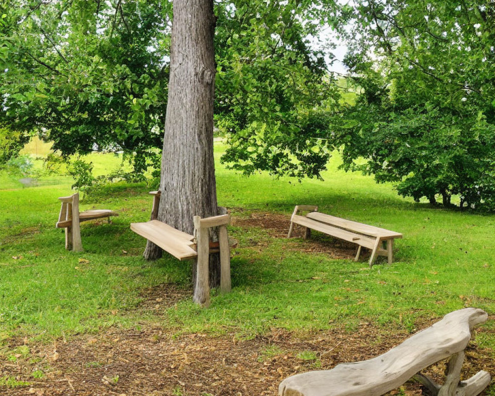 Tranquil Park Scene with Large Tree and Wooden Benches