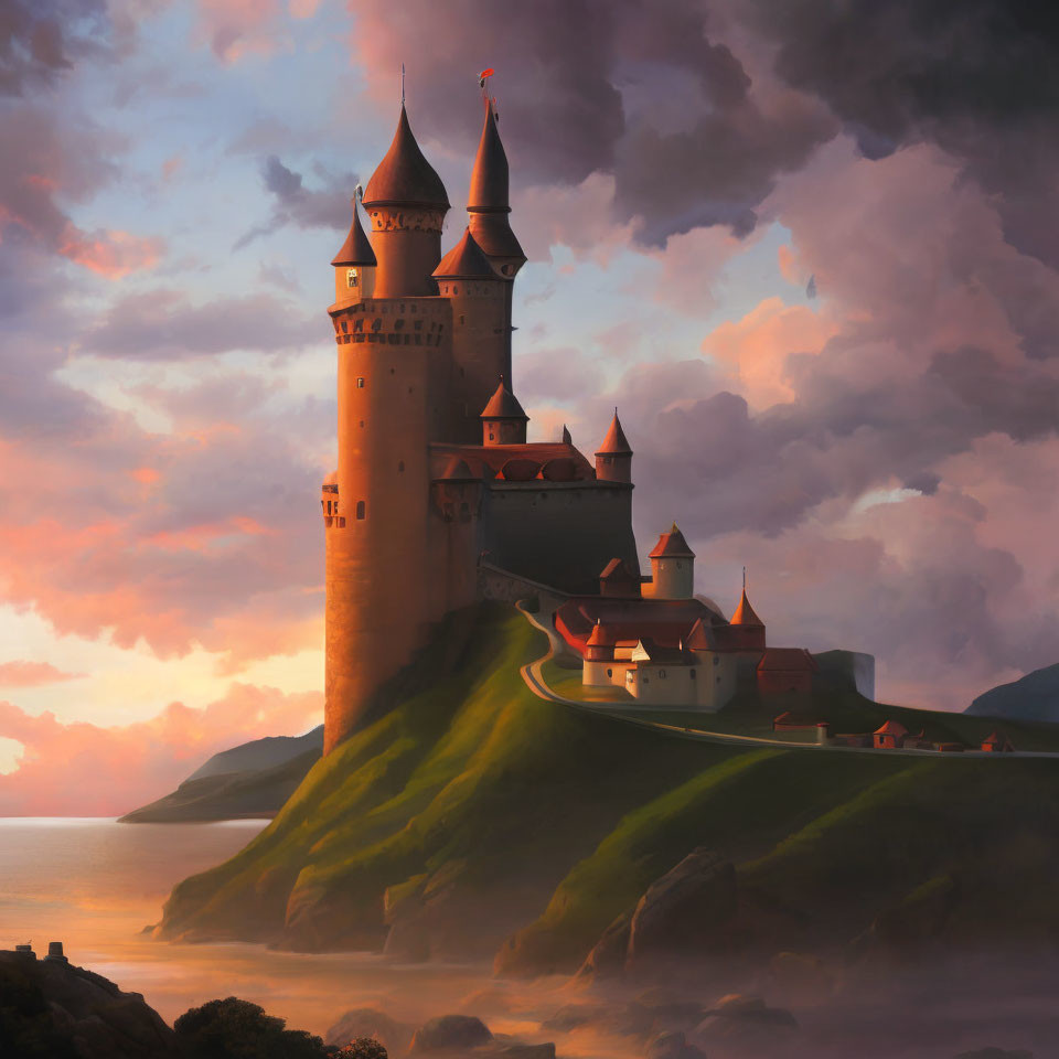 Majestic castle with towering spires on hillside by the sea at sunset