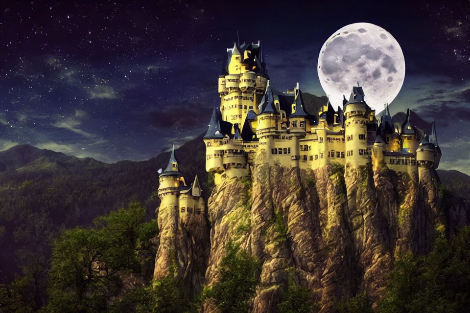 Majestic castle on steep cliff under starry night sky