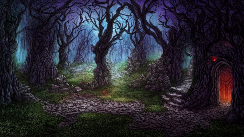 Mystical forest with gnarled trees, stone path, red door, eerie green mist.