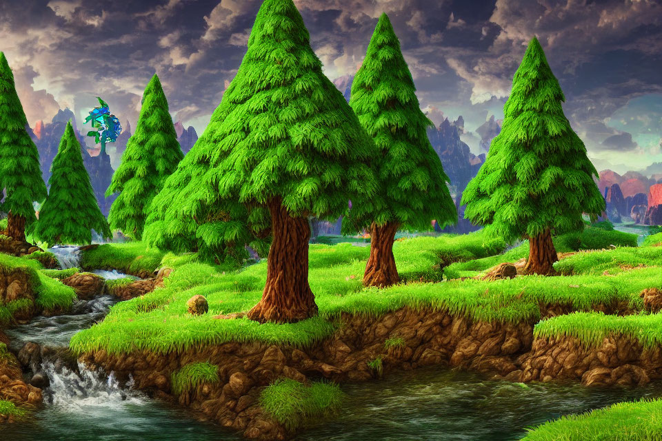 Tranquil landscape with evergreen trees, stream, grassy banks, and dragon-like creature