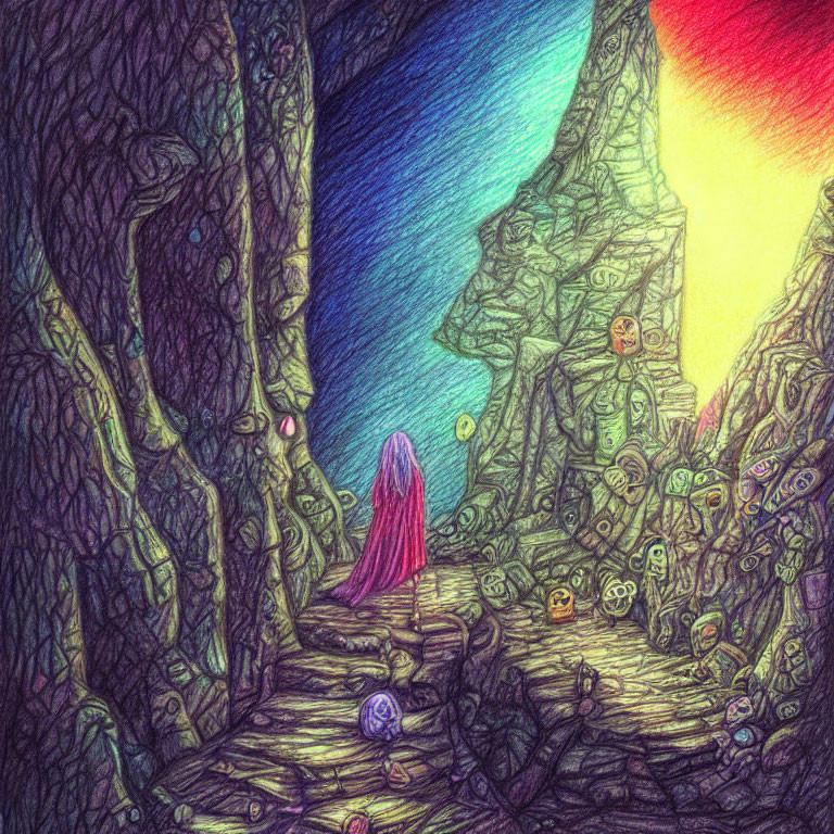 Mystical forest scene with cloaked figure and glowing orbs