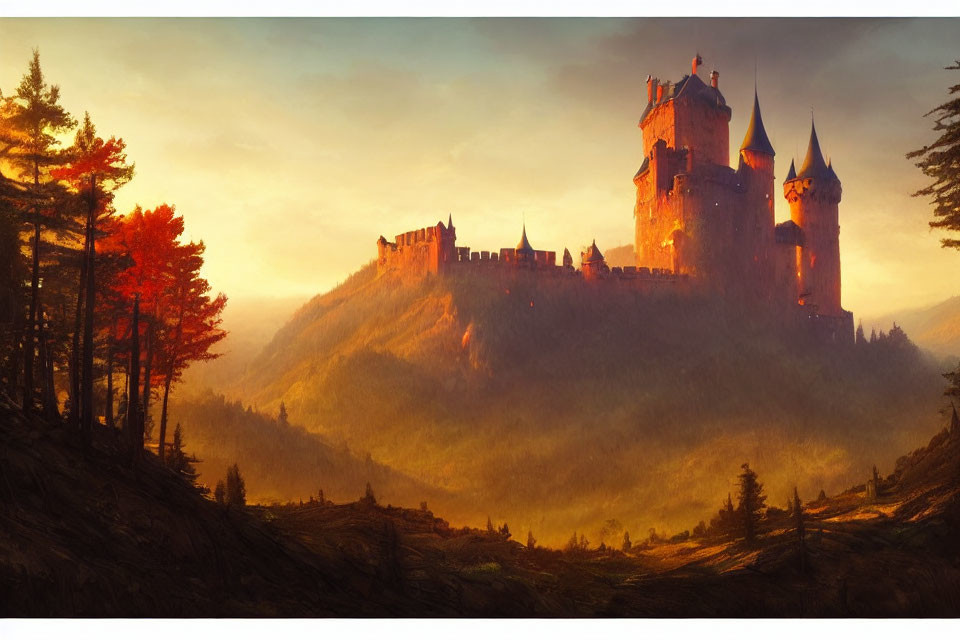 Majestic castle on forested hill under ethereal sunset