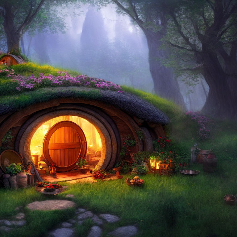 Charming hobbit-hole with round door and lush greenery