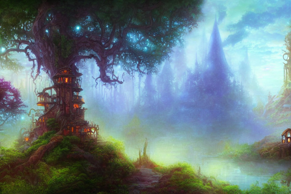 Enchanting forest scene with elaborate treehouse, glowing lights, and serene lake