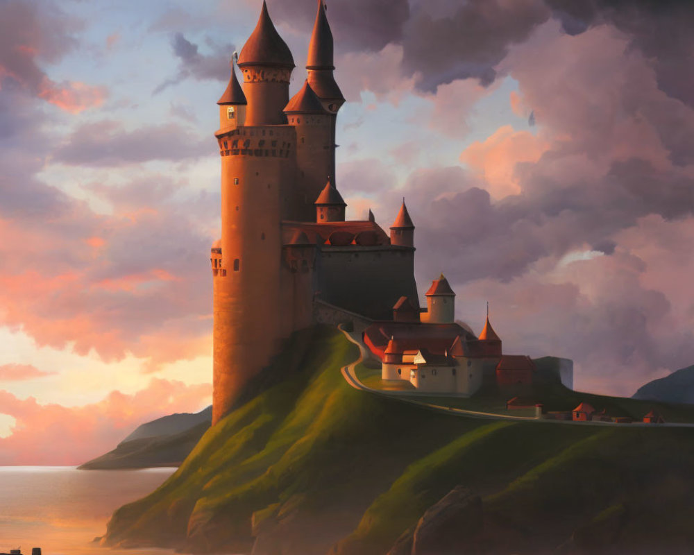 Majestic castle with towering spires on hillside by the sea at sunset