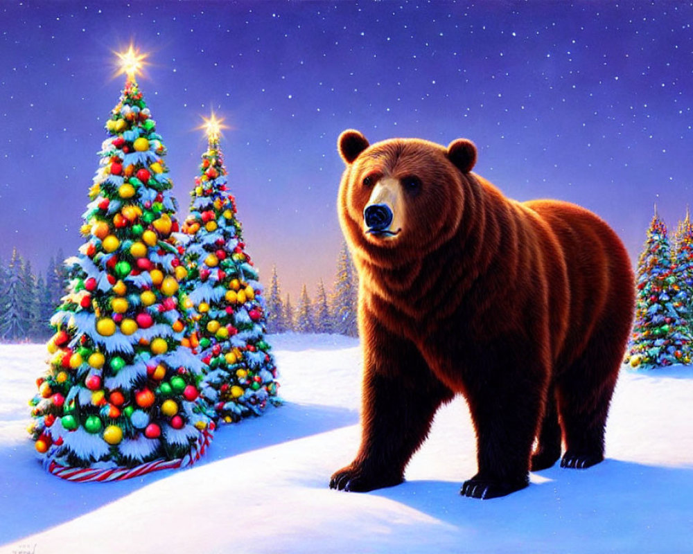 Brown bear next to Christmas tree in snowy landscape