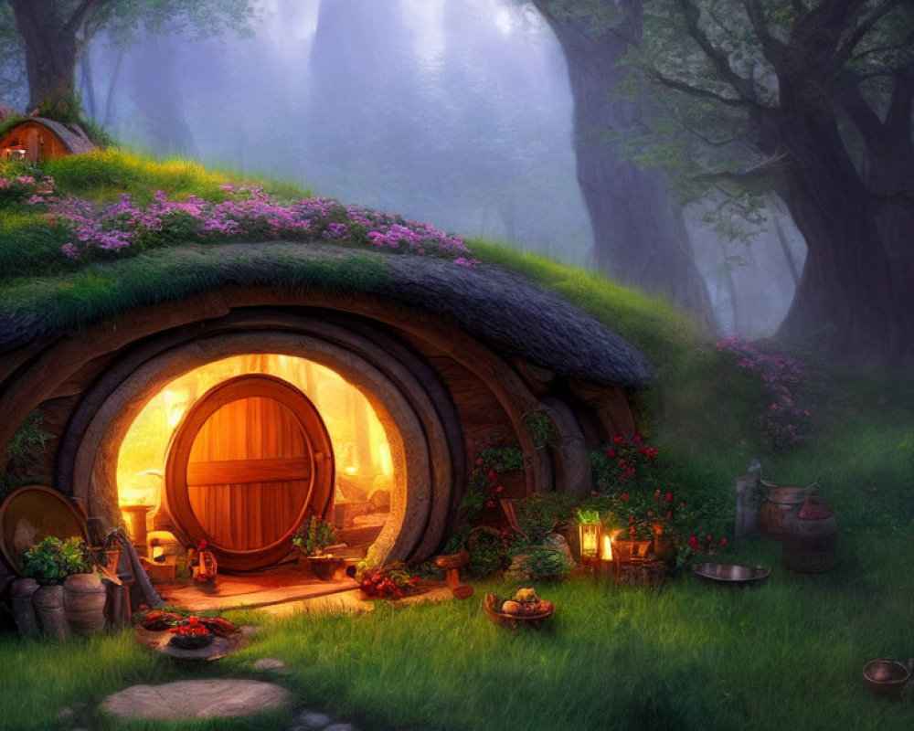 Charming hobbit-hole with round door and lush greenery