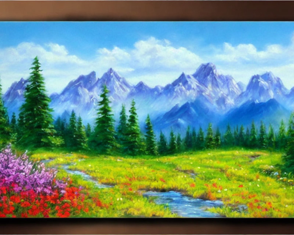 Scenic painting of lush greenery, wildflowers, stream, and mountains