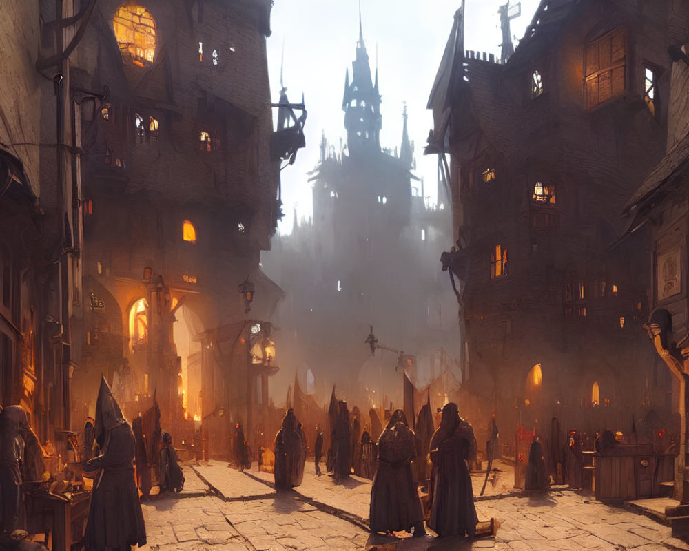 Medieval street scene with crowds, merchants, and castle in foggy dusk