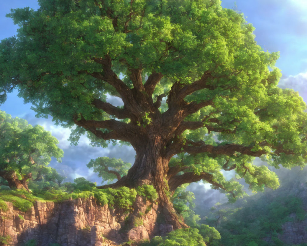 Majestic tree with lush green foliage on rocky cliff in soft sunlight