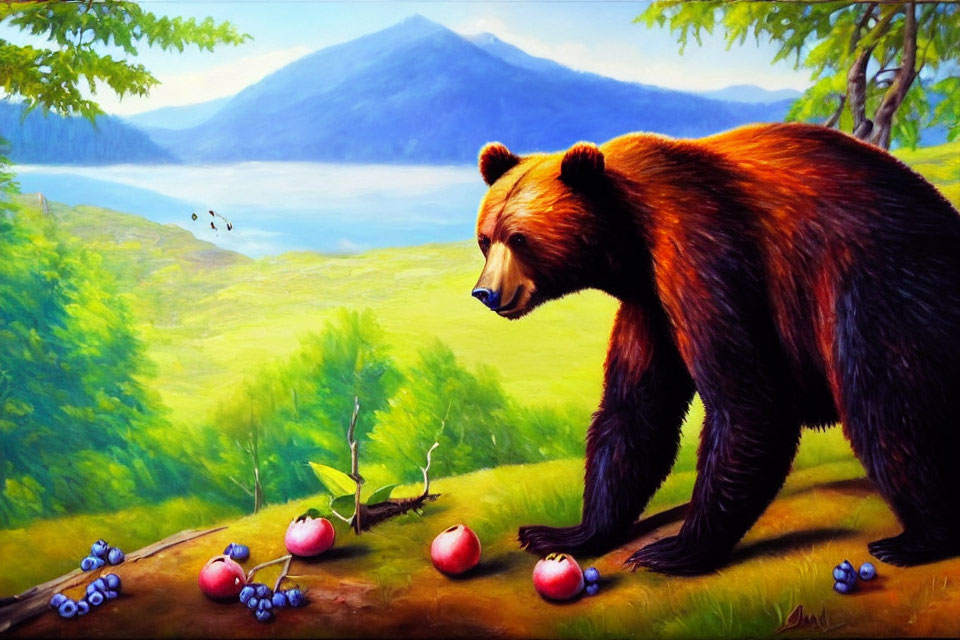 Bear near cliff with apples, berries, butterflies, mountains