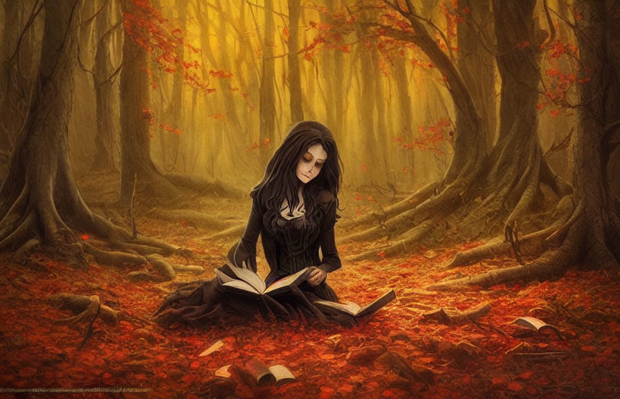 Woman reading book in mystical autumn forest with golden light and red leaves