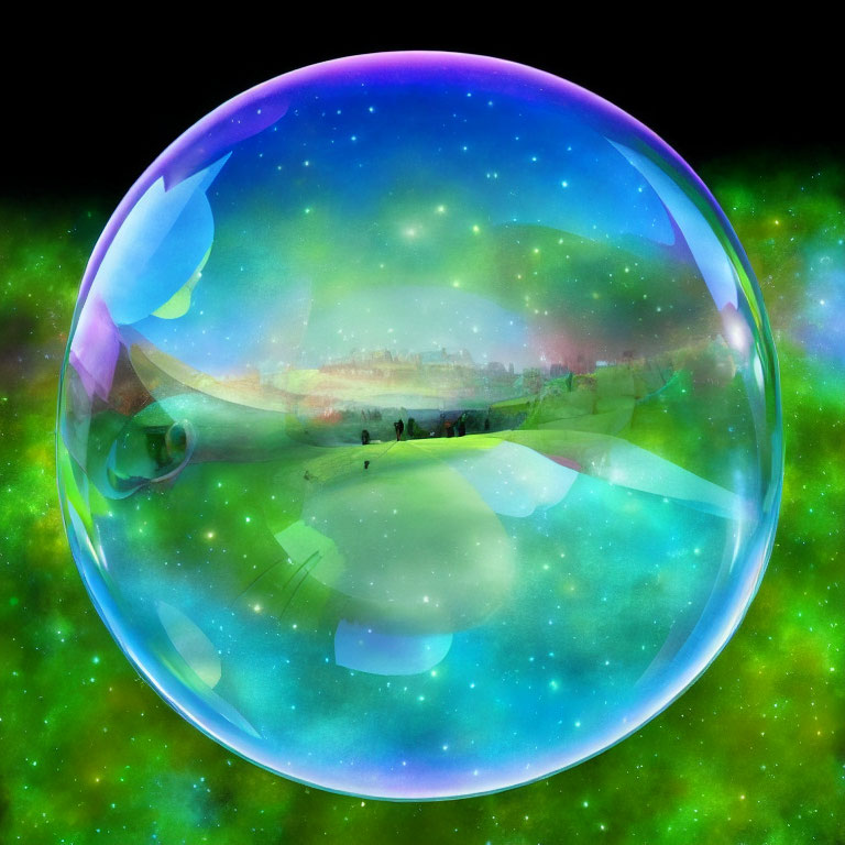 Iridescent soap bubble on starry night backdrop