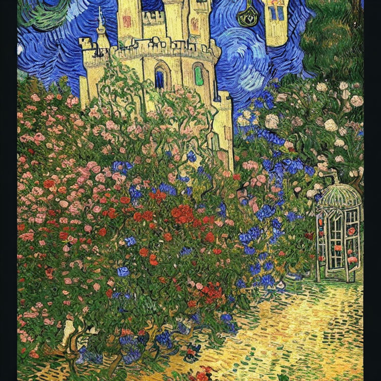 Lush garden with blooming flowers and castle in swirling post-impressionistic style