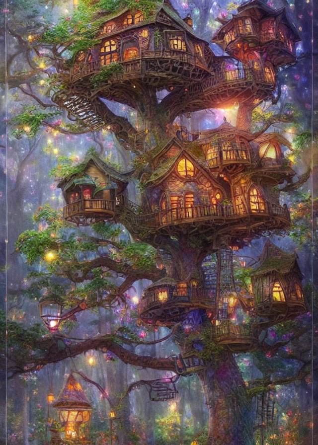 Enchanting multi-level treehouse in twilight forest