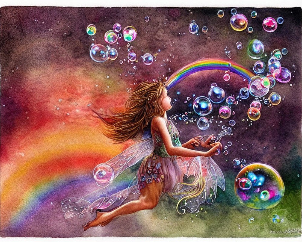 Whimsical painting of fairy with delicate wings touching iridescent bubbles