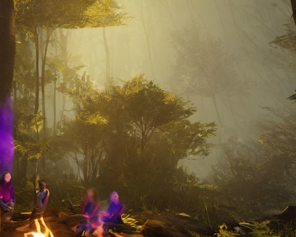 Campfire Burns in Misty Forest with Gathering People