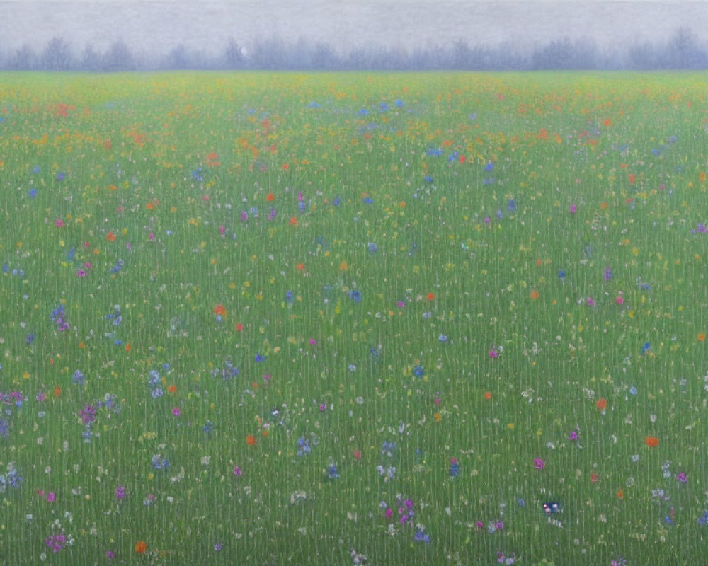 Tranquil wildflower field under misty grey sky