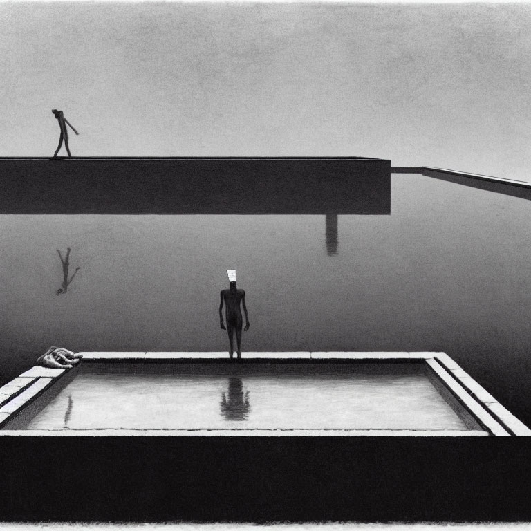 Rooftop pool scene with person and walking figure in surreal black and white setting