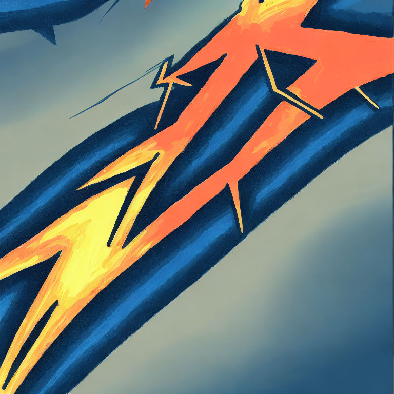 Dynamic orange figure running with lightning motifs on blue background