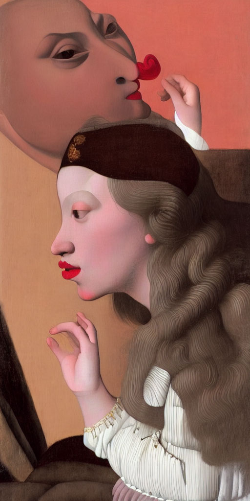 Surrealist painting of woman with wavy hair and man's profile merging.