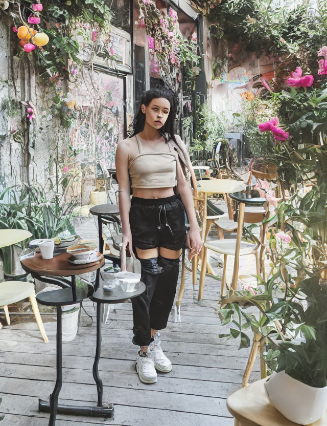 Woman in beige crop top at cozy café with green plants and hanging decorations.