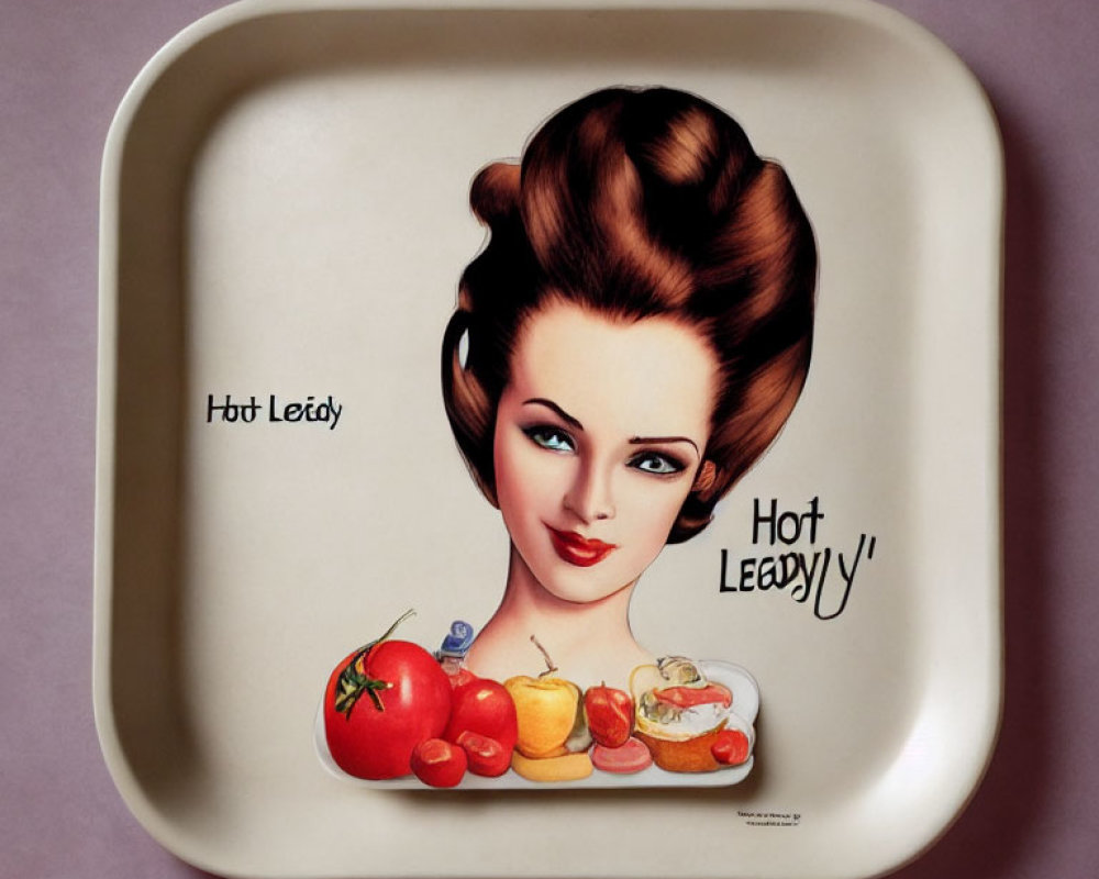 Vintage-style Tray with Printed Woman's Face & Assorted Foods, "Hot Leády" Ph