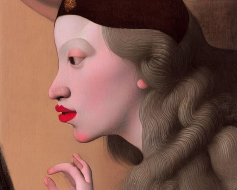 Surrealist painting of woman with wavy hair and man's profile merging.