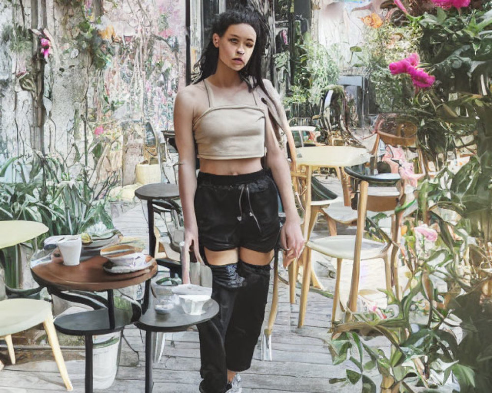 Woman in beige crop top at cozy café with green plants and hanging decorations.