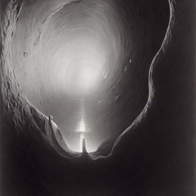 Grayscale image of cavernous tunnel with textured walls and humanoid silhouette near bright light