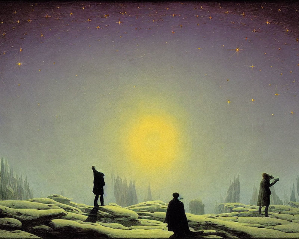 Three Figures in Snowy Landscape Under Starry Sky with Radiant Orb