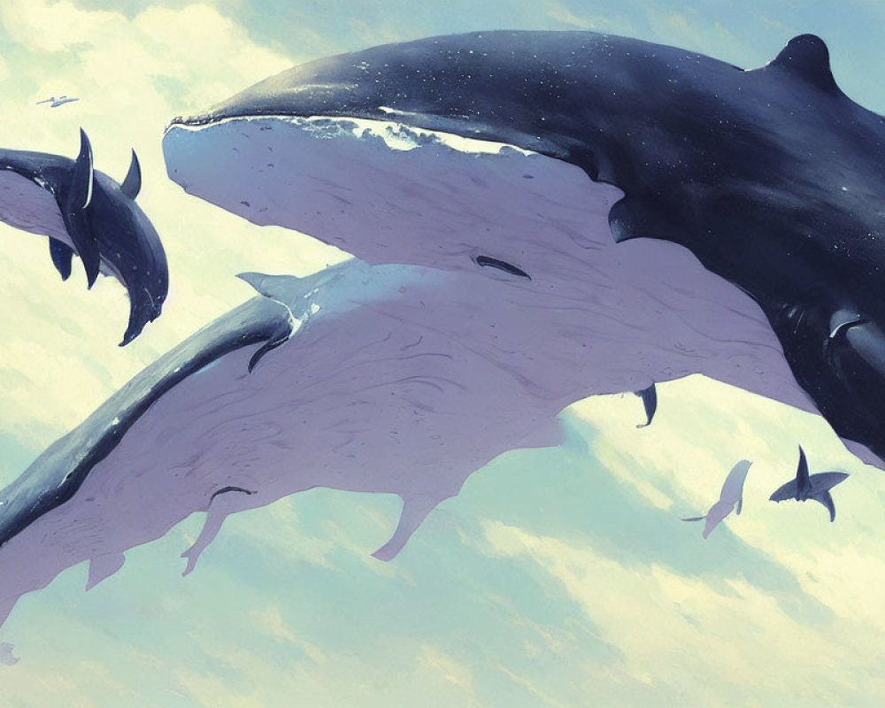 Surreal digital art: whale-like creatures in sky with birds