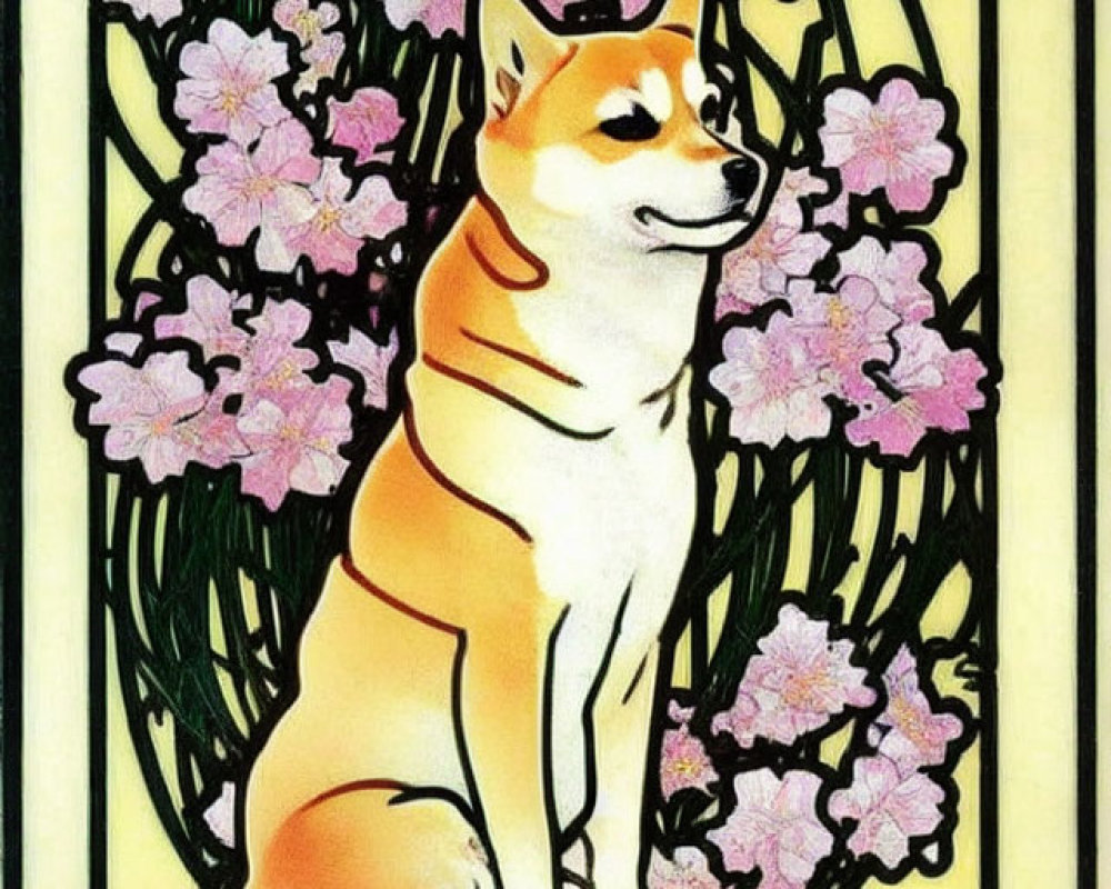 Shiba Inu surrounded by pink flowers on yellow stained-glass backdrop