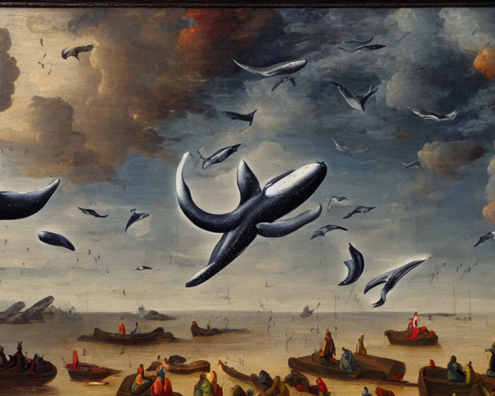 Whales, birds, boats, and people in surreal coastal painting