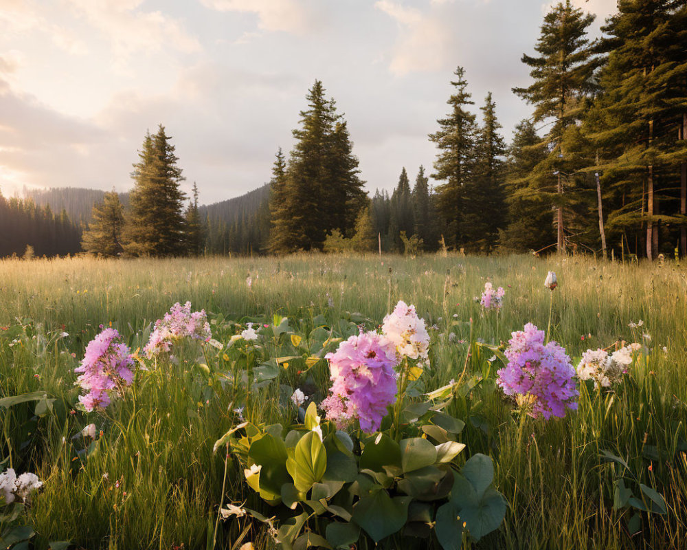 Tranquil meadow with pink flowers and tall pine trees at sunset