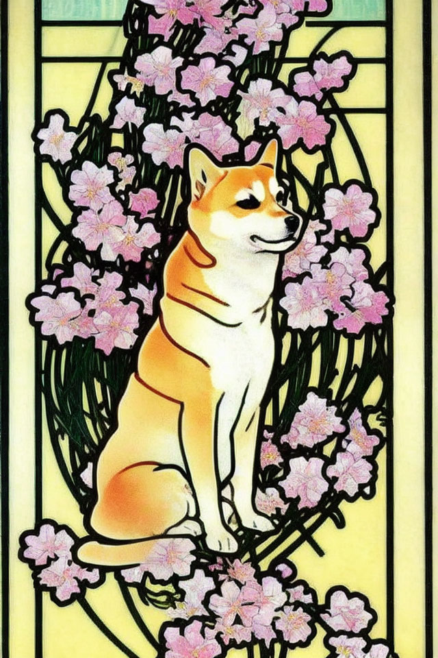 Shiba Inu surrounded by pink flowers on yellow stained-glass backdrop