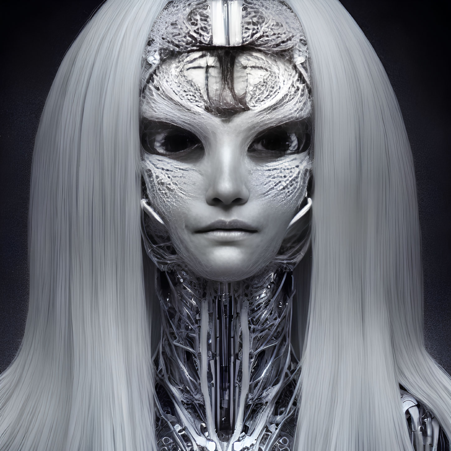 Humanoid Figure with Robotic Face and Platinum Hair on Dark Background