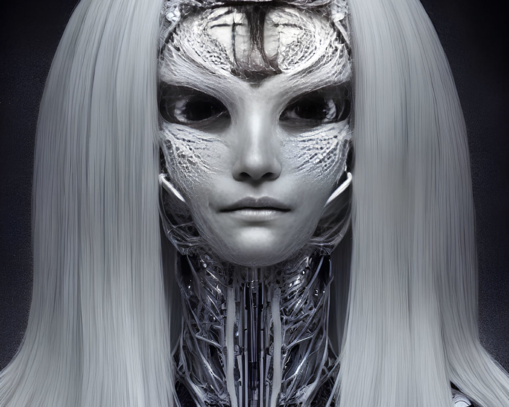 Humanoid Figure with Robotic Face and Platinum Hair on Dark Background