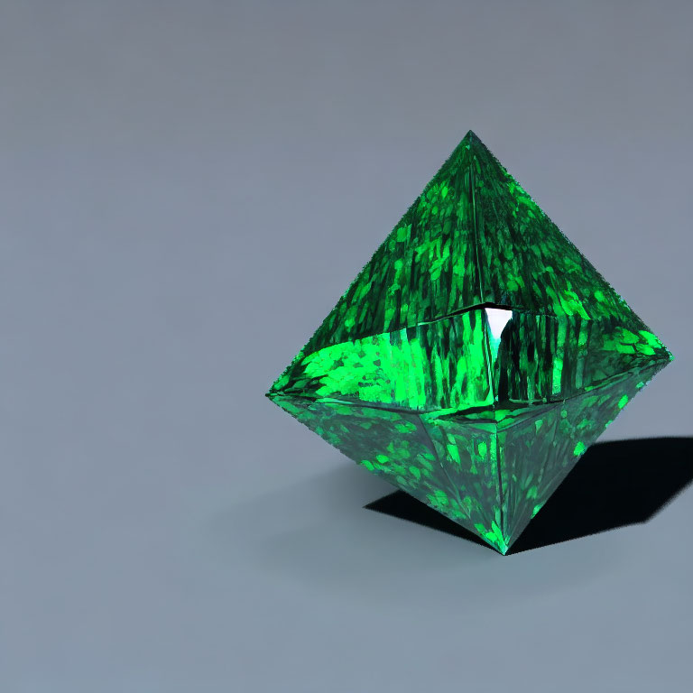 Green Glass Octahedron Reflects Light on Gray Background