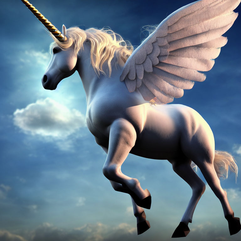 Majestic winged unicorn with golden horn soaring in blue sky.