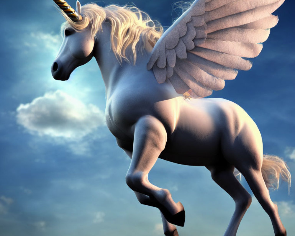 Majestic winged unicorn with golden horn soaring in blue sky.