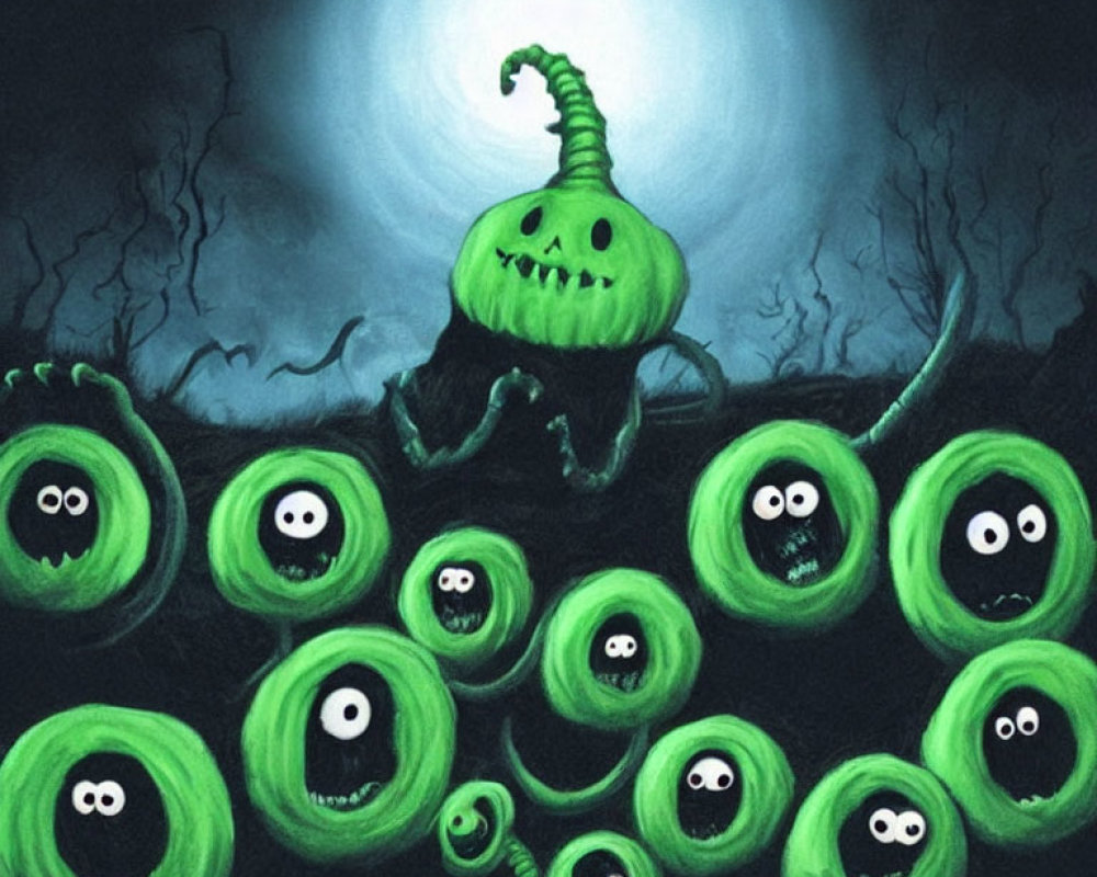 Illustration of green spooky creatures under full moon