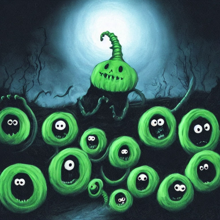 Illustration of green spooky creatures under full moon