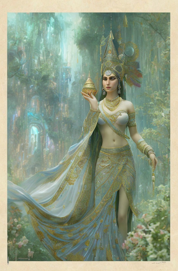 Fantasy figure in ornate golden attire with headdress in mystical forest setting