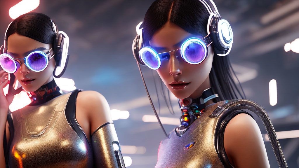 Futuristic females in glowing headphones and sunglasses in neon-lit setting